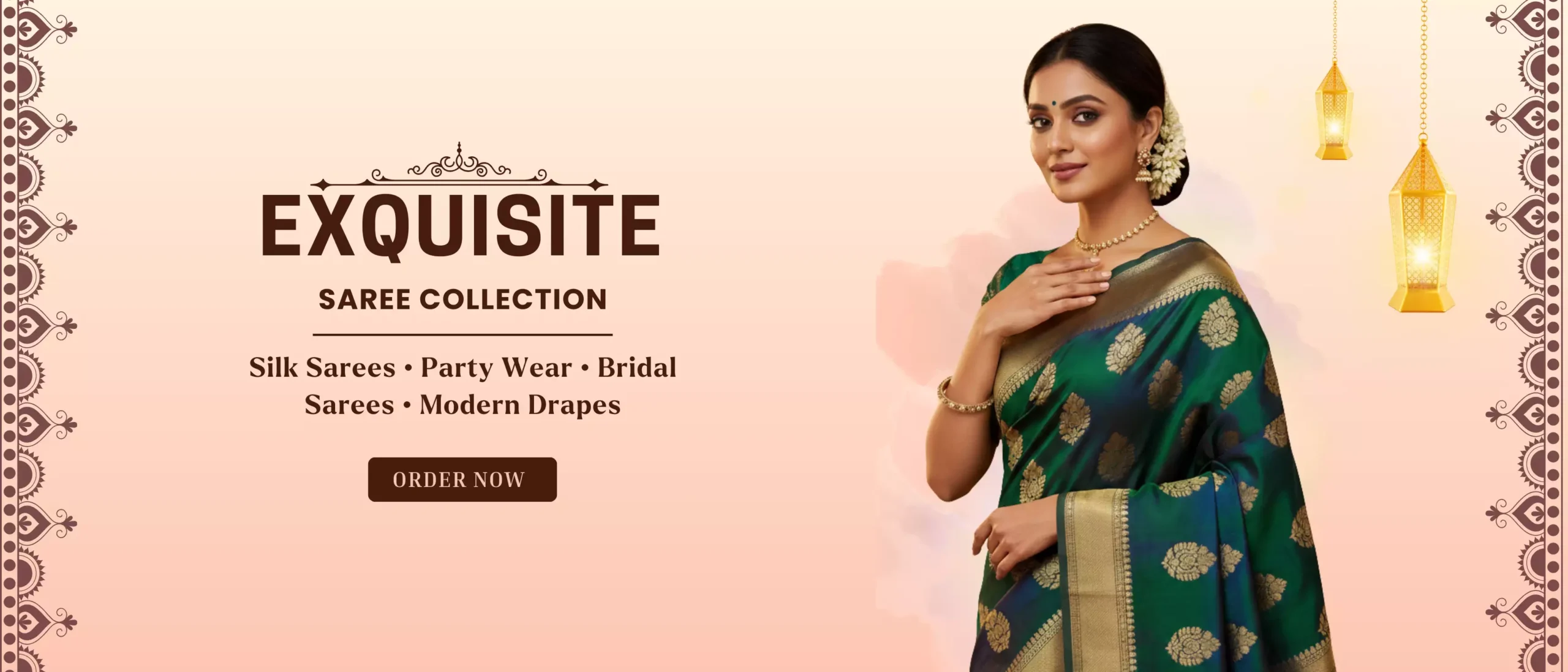 Peach And Brown Traditional Indian Boutique Shop Facebook Ad (3500 x 1500 px)